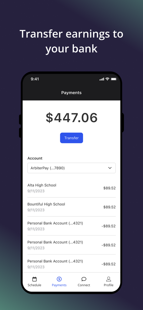 Arbiter - Arbiter mobile app payment screen showing a total balance of 447.06 dollars with a transfer button and transaction history from high school sports assignments.
