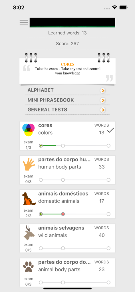 Learn Portuguese words with ST - Menú de la aplicación para aprender palabras en portugués con categorías como colores y animales