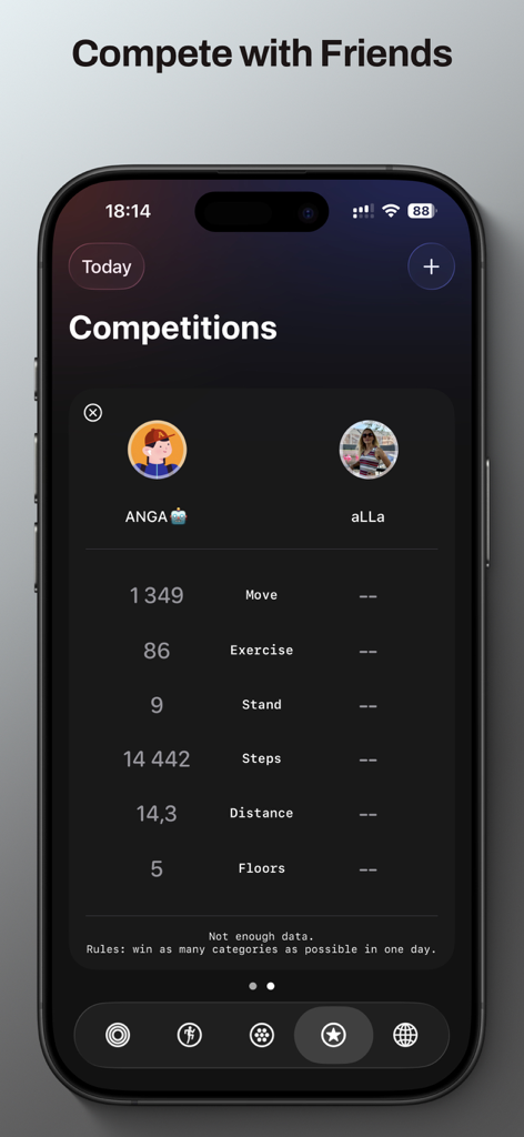 Mobile app interface showing a head to head fitness competition between two users comparing daily steps and activity metrics