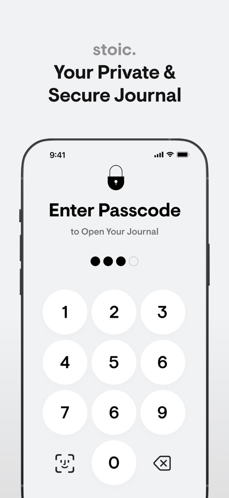 stoic. journal & mental health - Minimalistische Passcode-Eingabemaske für die stoic. Journal-App, die Privatsphäre und Sicherheit gewährleistet.