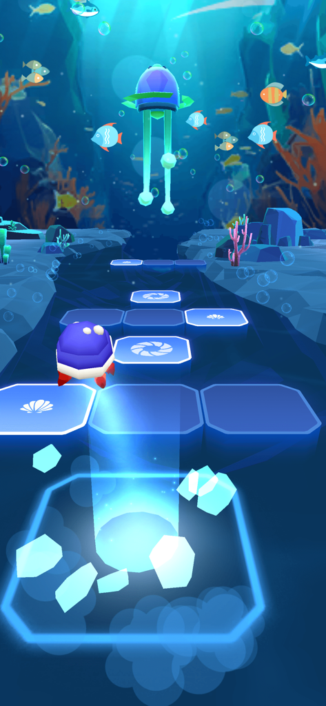 Dream Bounce - Character bouncing on glowing platforms in an underwater 3D level