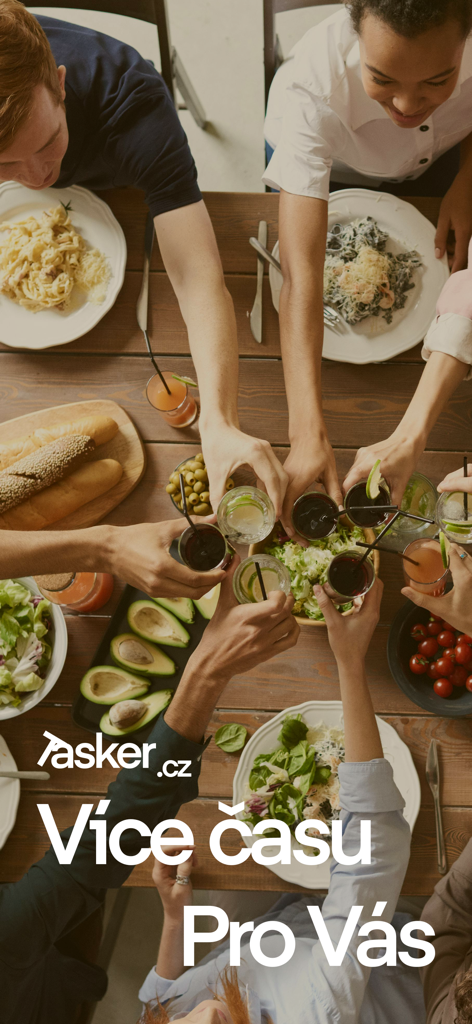 Tasker ČR - A group of people enjoying a meal together with the Tasker logo and text meaning more time for you