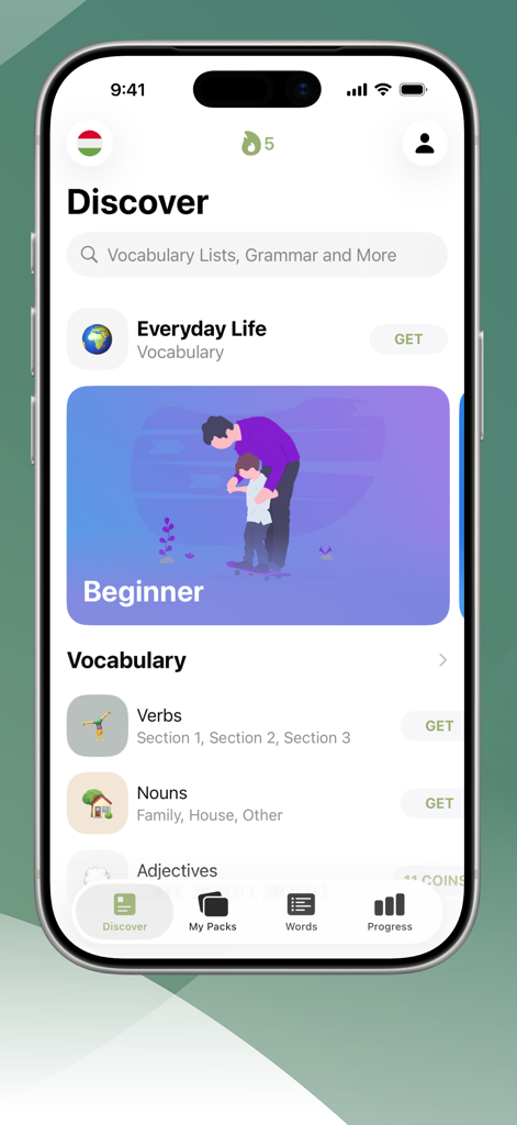 LENGOハンガリーアプリのインターフェース。初心者向けの動詞や名詞などのさまざまな語彙パックを表示。