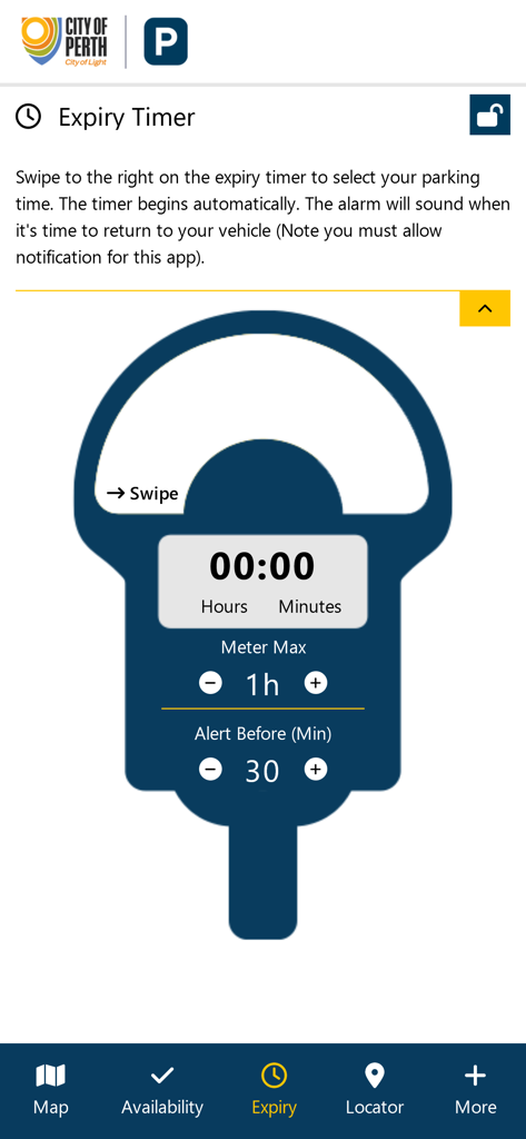 City of Perth Parking - Interface of the City of Perth Parking app showing the expiry timer screen with a parking meter graphic to set reminders.