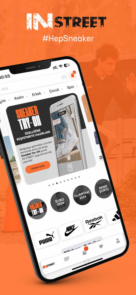 Instreet - Instreetモバイルアプリのホーム画面。スニーカーの試着広告と主要な靴ブランドをフィーチャー。