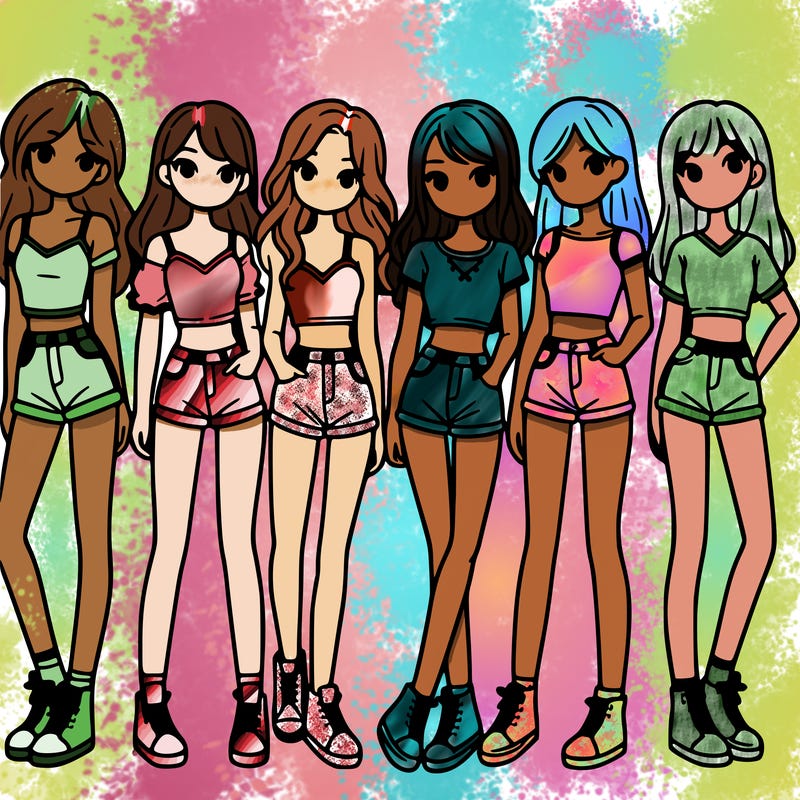 a group of girls wearing crop tops and shorts