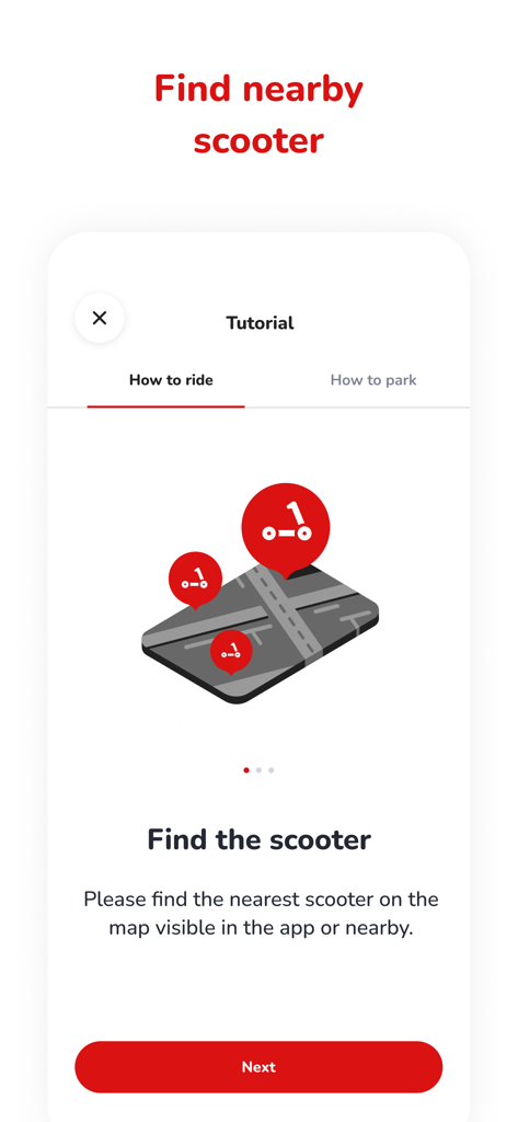 Zippy Rides - Pantalla de tutorial de la aplicación Zippy Rides explicando cómo encontrar el patinete eléctrico más cercano en el mapa