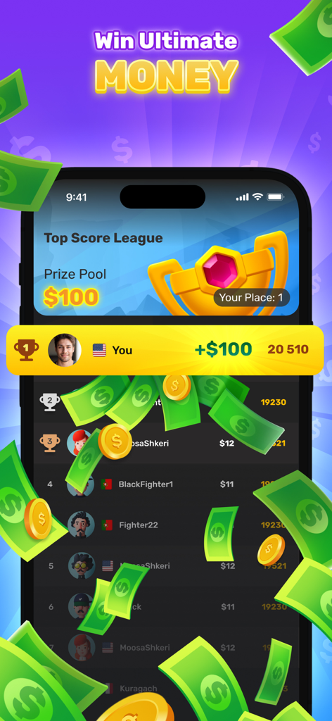Win Real Money: PlayOff Games - Top score league leaderboard showing a user winning a cash prize pool.
