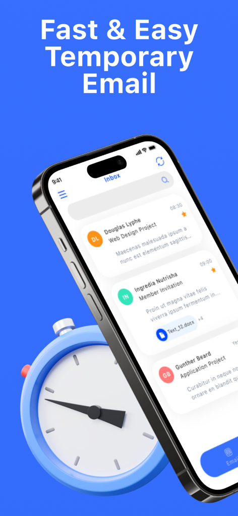 Interface of the Temp Mail Pro app showing an inbox with temporary emails and a stopwatch icon symbolizing speed