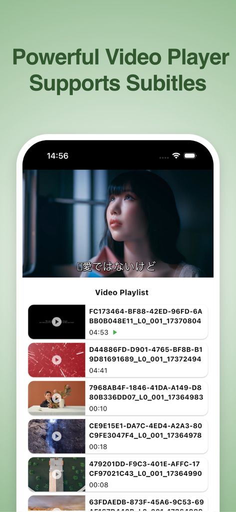 VidSub: Video Subtitle Creator - Interfaz de la aplicación VidSub que muestra un reproductor de video con subtítulos y una lista de reproducción de videos en un smartphone