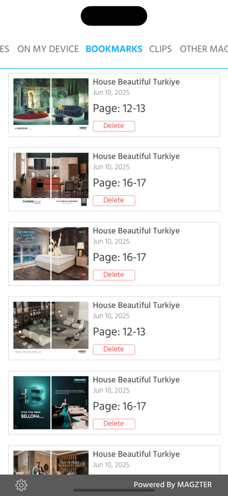 House Beautiful Turkiye - The Bookmarks screen of the House Beautiful Turkiye app featuring saved luxury interior design pages.