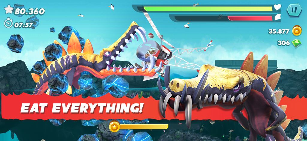 Due grandi squali preistorici che attaccano un elicottero sott'acqua in Hungry Shark Evolution