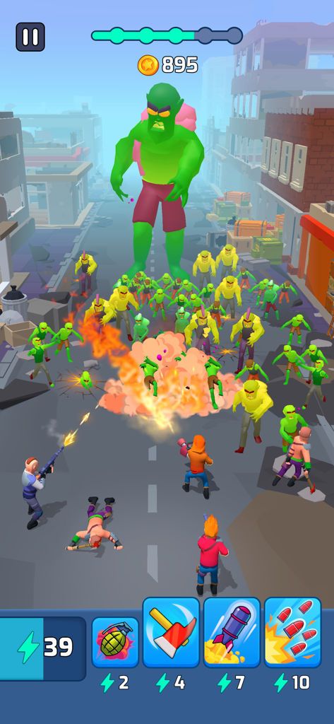 Idle Defense Survival - A squad of survivors uses special abilities to fight a giant green boss zombie and a horde of smaller undead in an urban setting.