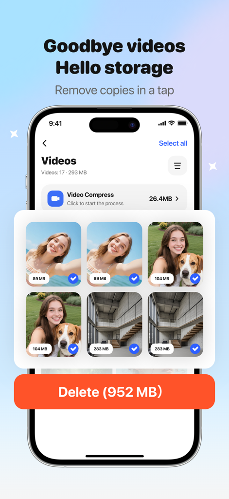 Interface of AI CleanKit app showing how to delete duplicate videos to free up phone storage space