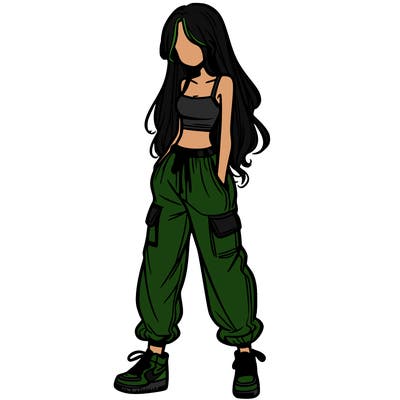 girl in baggy pants crop top and long hair