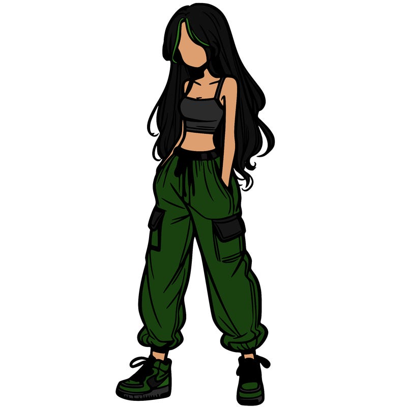 girl in baggy pants crop top and long hair