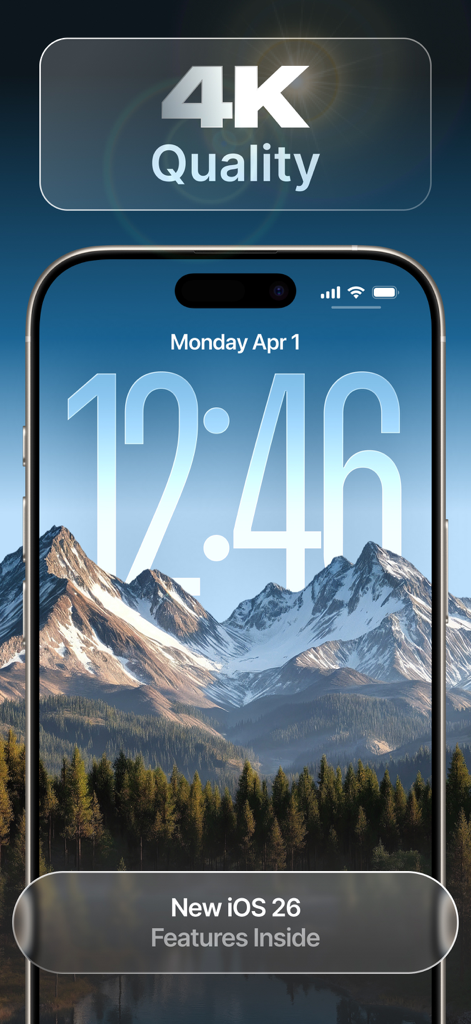 Pantalla de bloqueo de iPhone con un fondo de pantalla de paisaje de montaña 4K de alta definición de la app WallPics