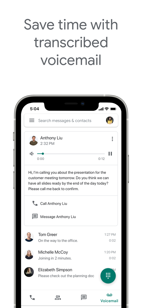 Google Voice app interface showing a transcribed voicemail from a contact