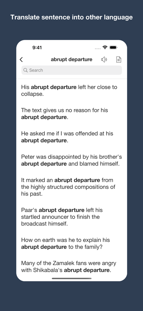 English Collocation Sentence - A list of sample sentences for the English collocation abrupt departure on a mobile app interface