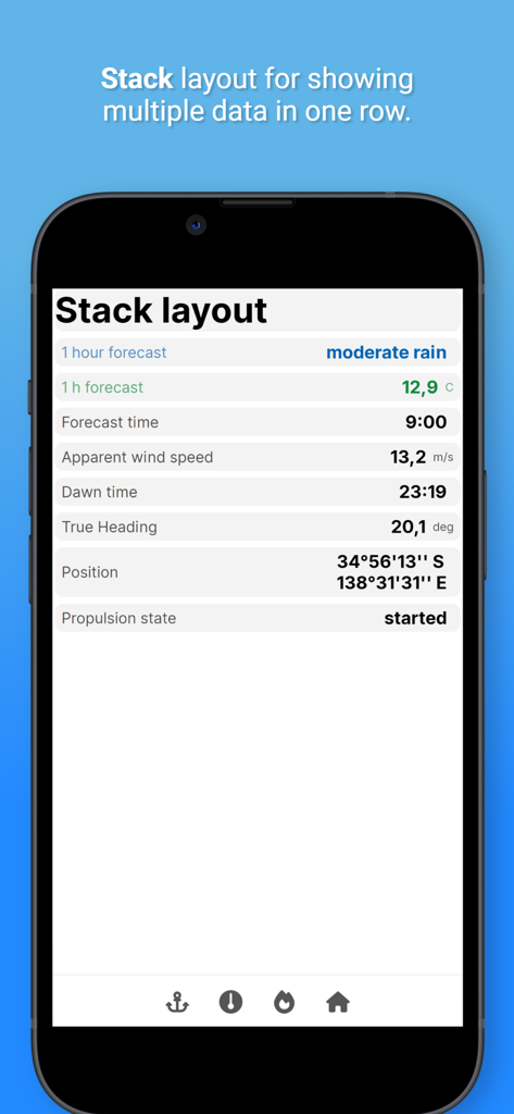 SKipper App - Interfaz de la app SKipper mostrando datos de instrumentos marinos en un diseño apilado