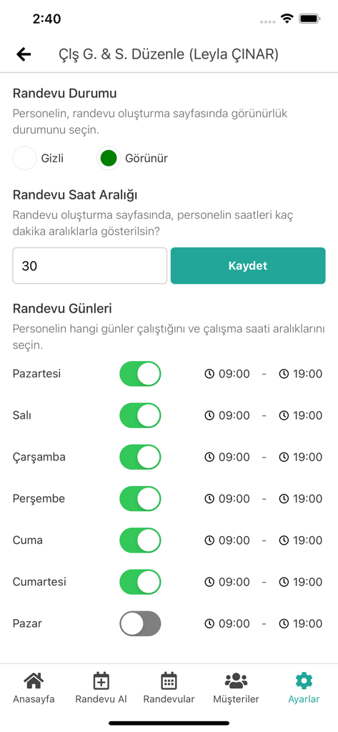 Interface for configuring staff working hours and appointment time intervals within the Simple Appointment App.