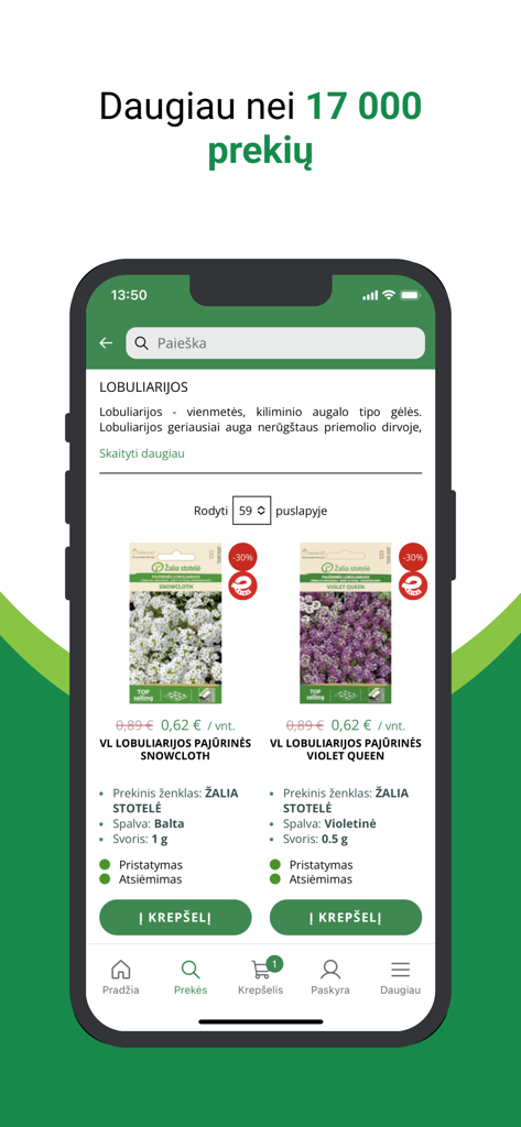 A screenshot of the Zalia Stotele app showing a selection of flower seeds for sale.