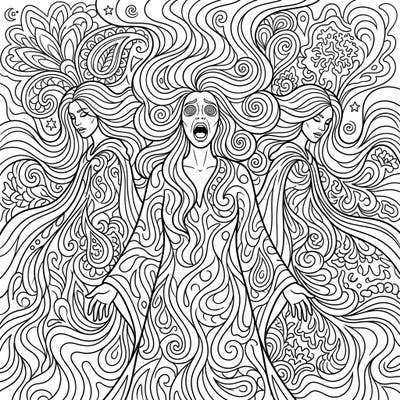 Embark on a mythical journey with this captivating coloring page featuring Banshees in a vibrant psychedelic style. Explore a world where ancient folklore meets swirling patterns, offering an entrancing artistic escape.