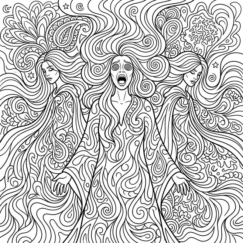 Embark on a mythical journey with this captivating coloring page featuring Banshees in a vibrant psychedelic style. Explore a world where ancient folklore meets swirling patterns, offering an entrancing artistic escape.