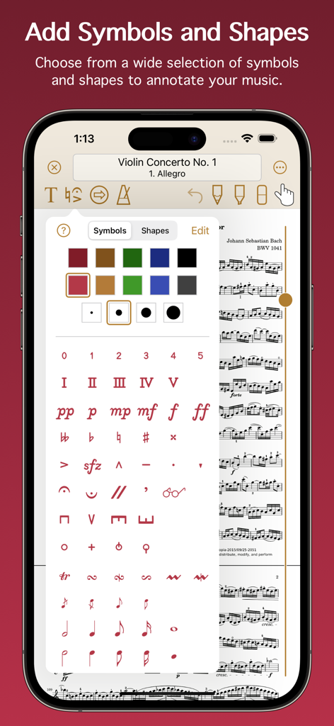 A mobile interface for Paperless Music showing a wide selection of musical symbols, dynamics, and shapes for annotating digital scores.