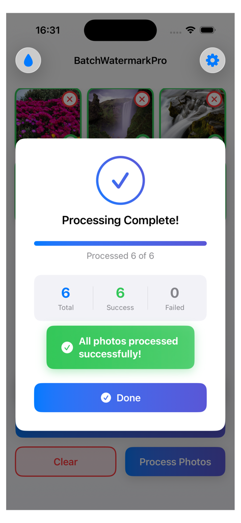 BatchWatermarkPro - Success message confirming that all photos were processed successfully in the BatchWatermarkPro app.