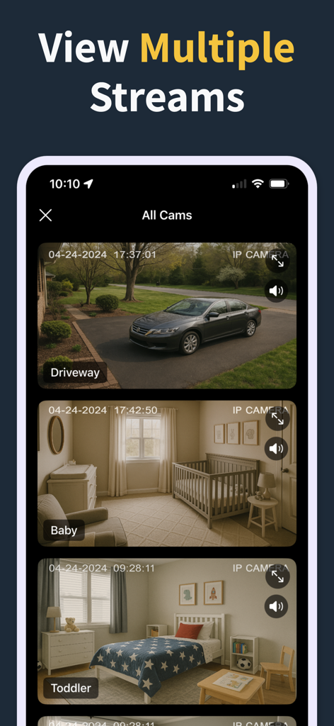 IP Camera Viewer & Monitor - IP Camera Viewer app interface showing multiple live camera streams for home security and baby monitoring