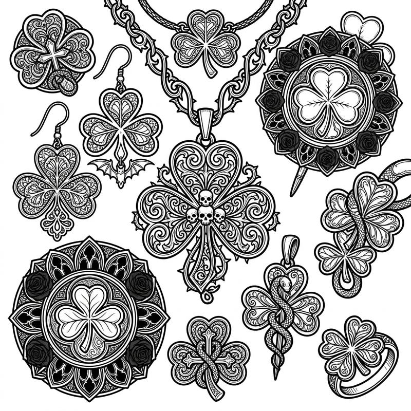 Dive into a world of dark elegance with our Gothic Shamrock Jewelry coloring page. This collection features beautifully intricate shamrock-themed pendants, earrings, and brooches, perfect for those who appreciate ornate and mysterious designs.