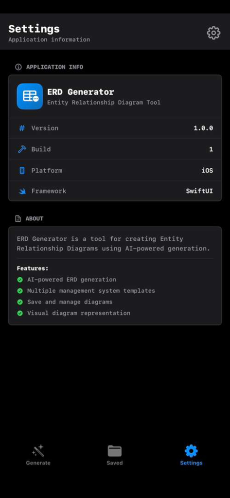 Settings screen of the ERD Generator app displaying application information version details and a list of AI-powered features.
