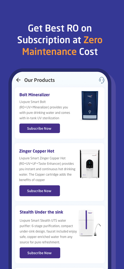 Product selection screen for water purifier subscriptions in the Livpure Smart app