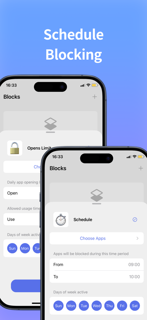 Screen Time Control - App Lock - Interface showing how to schedule app blocking by specific time and days of the week
