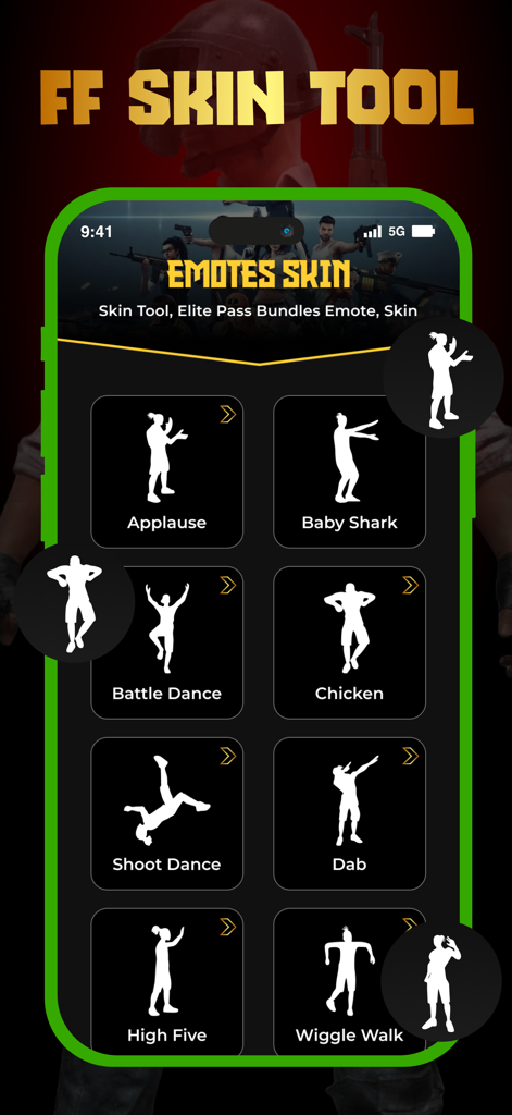 FF Skin Tools Elite Pass - Auswahl von mobilen Spiel-Emotes und Charakteranimationen in der FF Skin Tools App