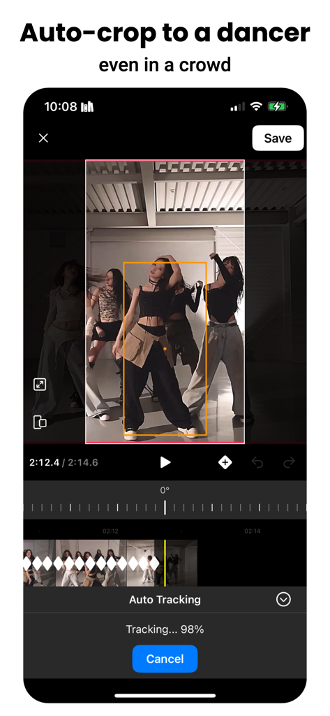 Motion Track: After Effect VFX - 群衆の中のダンサーをトラッキングする自動クロップ機能を示すモバイルビデオ編集インターフェース。