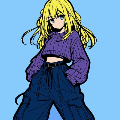 anime teen girl with baggy pants and crop top with sweater