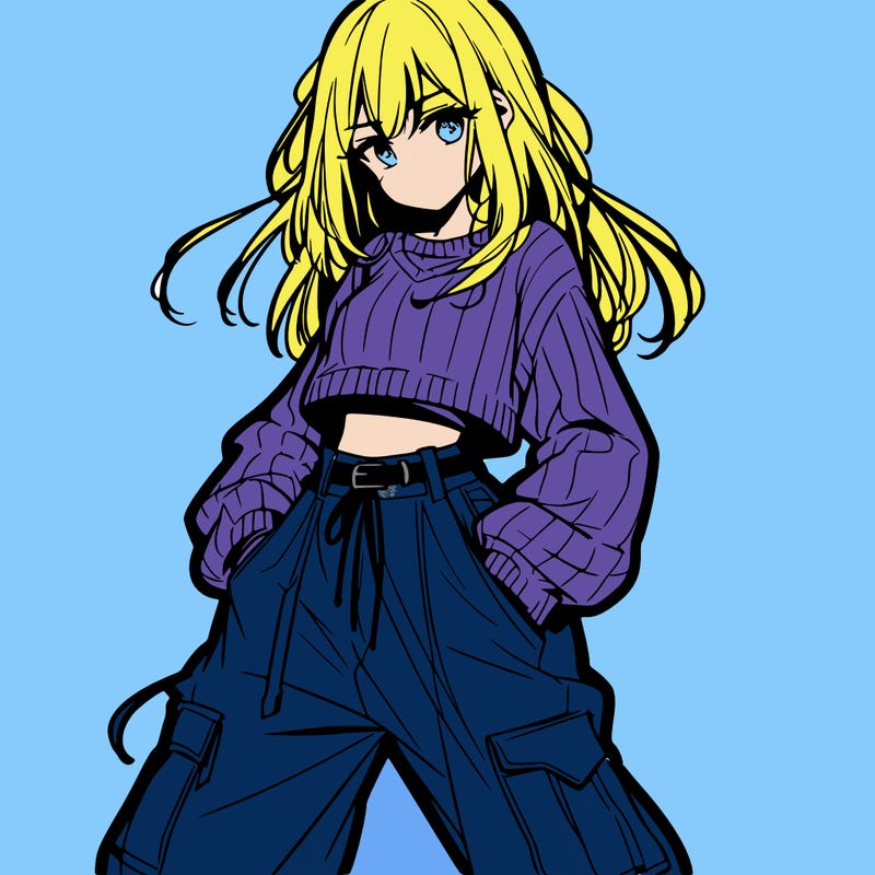 anime teen girl with baggy pants and crop top with sweater