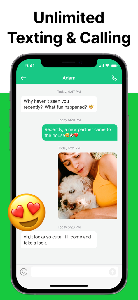 Second Number ® - Interface of the Second Number app showing unlimited texting and calling features with a sample chat conversation