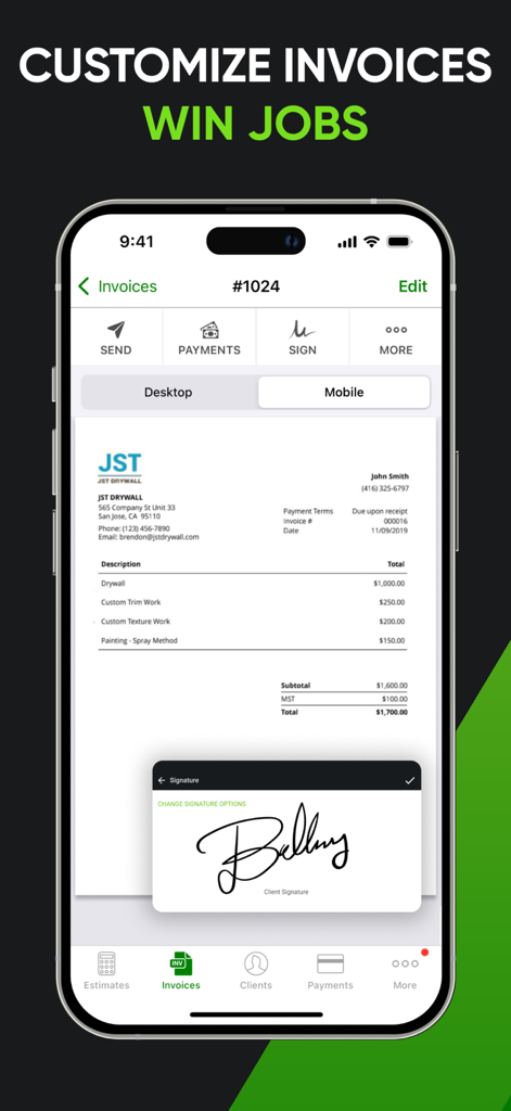 A professional mobile invoice with a digital signature overlay for trade contractors