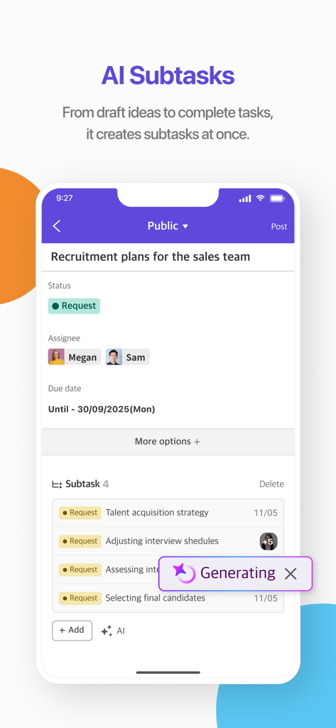 Interface do aplicativo Flow mostrando o recurso de sub-tarefas com IA gerando uma lista de tarefas para planos de recrutamento.