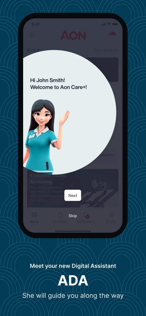 Aon Care plus app digital assistant ADA welcoming the user