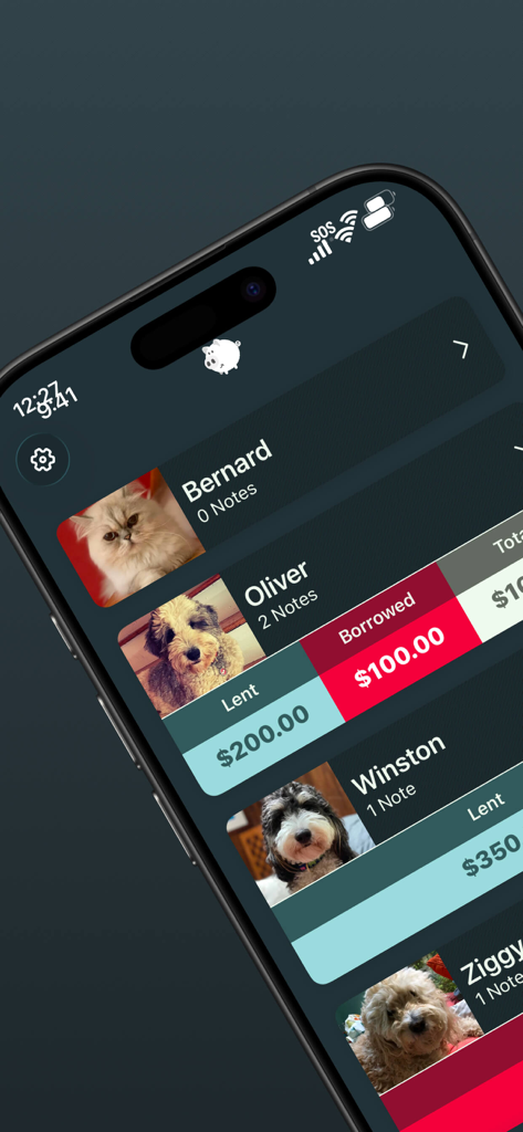 owed + - Uno screenshot della dashboard dell'app Owed Plus che mostra denaro prestato e preso in prestito da amici