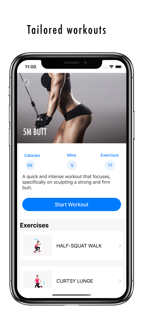 FitHer - Workout for Women - FitHer app screen displaying a tailored 5 minute butt workout with specific exercises like curtsy lunges