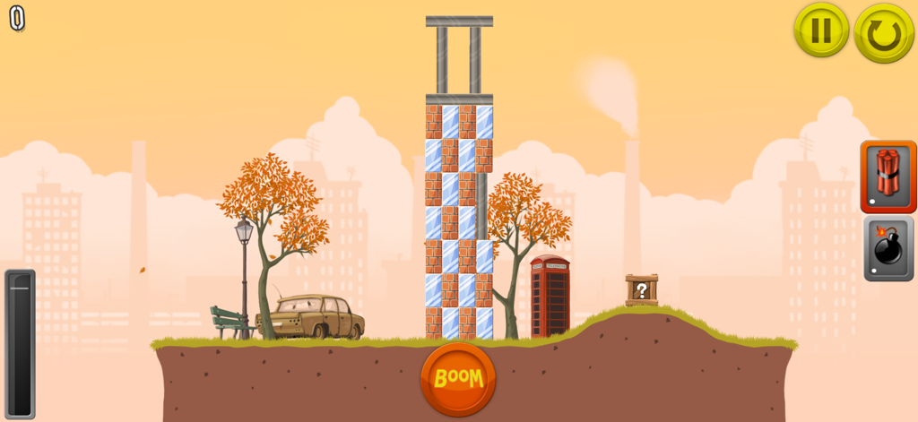 Boom Land™ - Captura de pantalla del juego de Boom Land mostrando un puzzle de demolición de edificios con explosivos y física realista