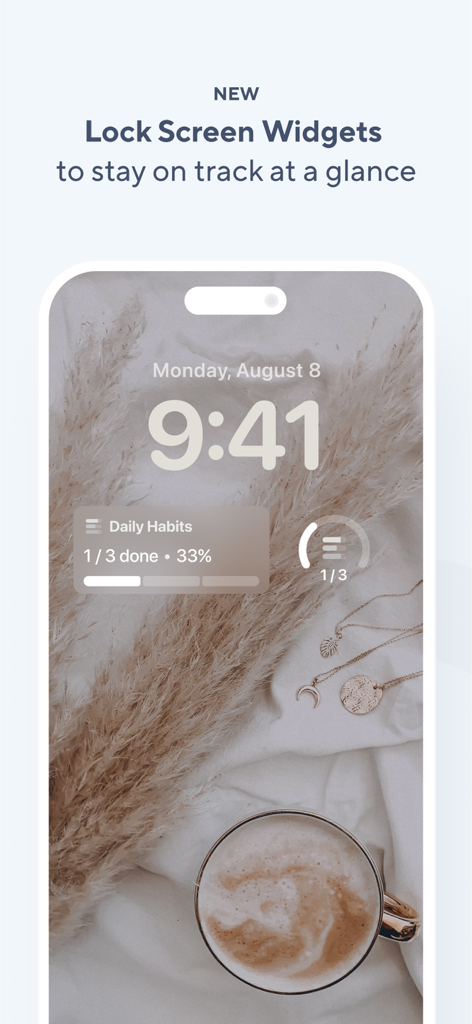 Do Habits: Get It Done - iPhone lock screen showing Do Habits app widgets with daily progress and habit completion percentage