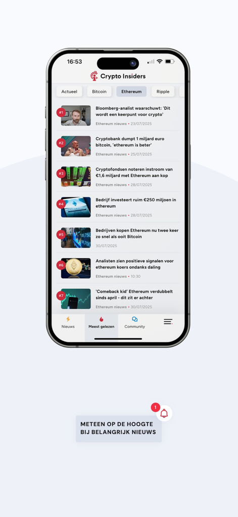 Crypto Insiders: Crypto Nieuws - Uno screenshot mobile dell'app Crypto Insiders che mostra un feed di notizie olandese incentrato su articoli e aggiornamenti di mercato su Ethereum.