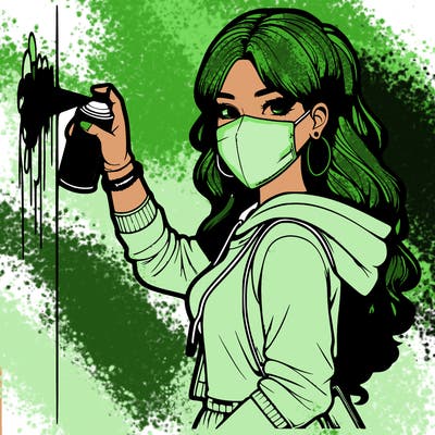 realistic girl with mask spray painting a wall
