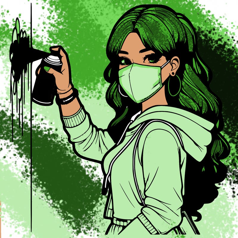 realistic girl with mask spray painting a wall